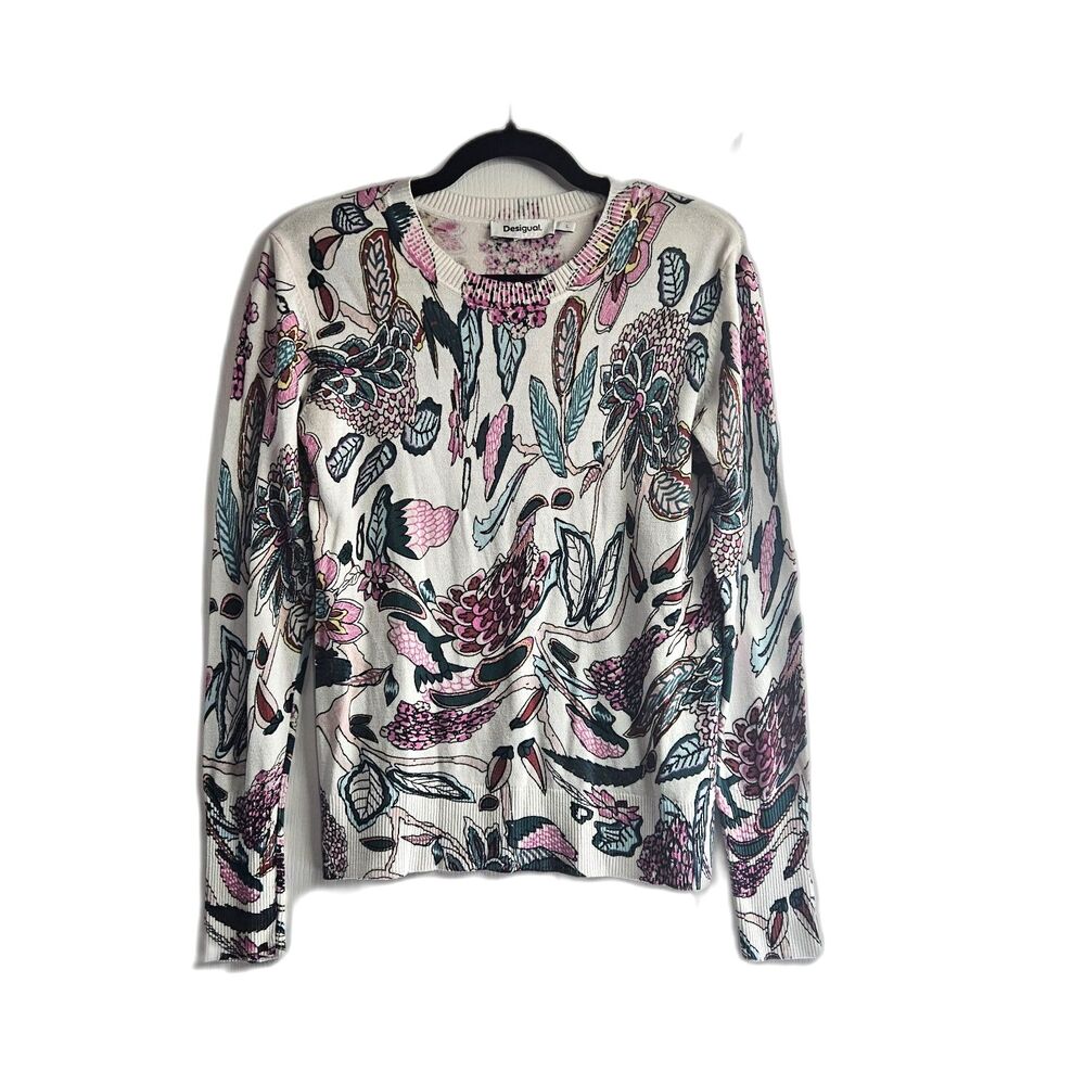 Desigual Botanical Print Thin Knit Sweater Long Sleeve Manchester Sz L Linen Bld